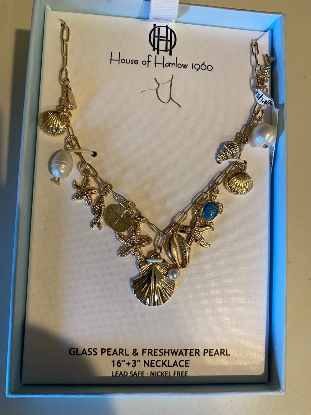 House of Harlow 1960 Gold-tone Seashell & Pearl Charm Necklace with Blue Accent
